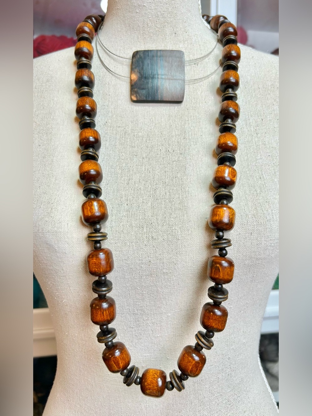 MCM Wood Statement Necklace Set Caracol Wire Collar & Long Polished Wood Beads